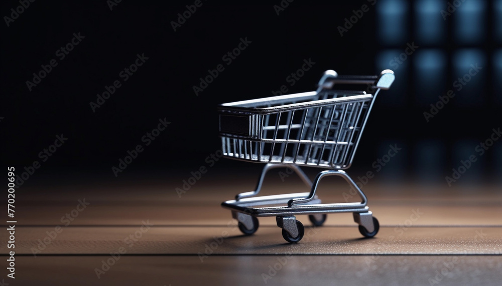 An empty miniature shopping cart on wooden table