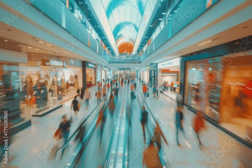 busy shopping center with people's movements blurred