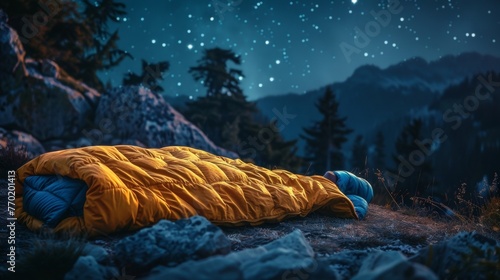 Get a good nights sleep under the stars with this cozy sleeping bag mockup designed for warmth and comfort in any outdoor climate. photo