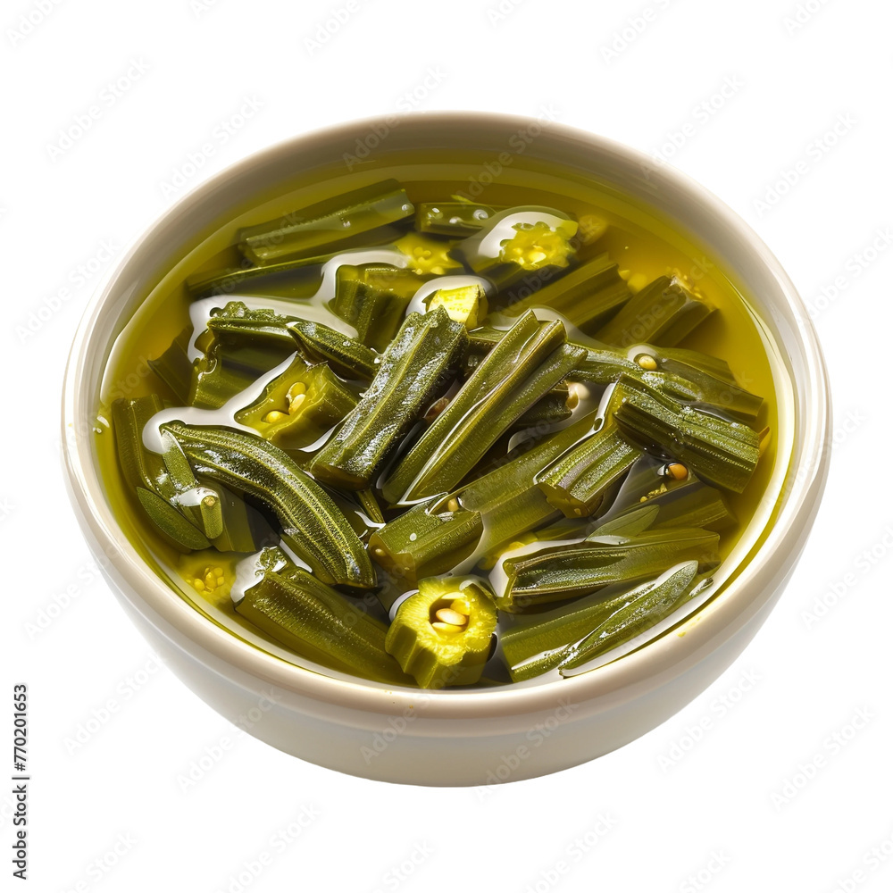 Fresh bil Zeit Okra in olive oil isolated on white background Stock ...