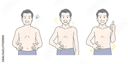 中年男性のお腹周りの悩み、メタボ・贅肉、ダイエットに関するイメージイラスト