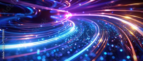 Abstract glitter neon lines of movement and speed with sparkles. Curve light effect of blue twirl. Semicircular wave, light vortex wake. Luminous motion wavy. Space tunnel. Bright vector spiral line.