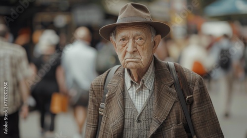 An elderly man dressed in dapper 1920s attire walks down a busy street his weathered face and tired eyes hinting at a life spent in the citys heyday.