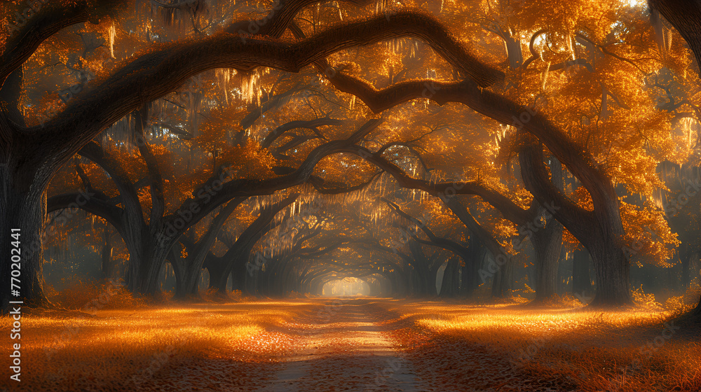 Fototapeta premium Coastal backroad - mature trees - mysterious - elegant - unique - dramatic - inspired by the scenery of Charleston, South Carolina 