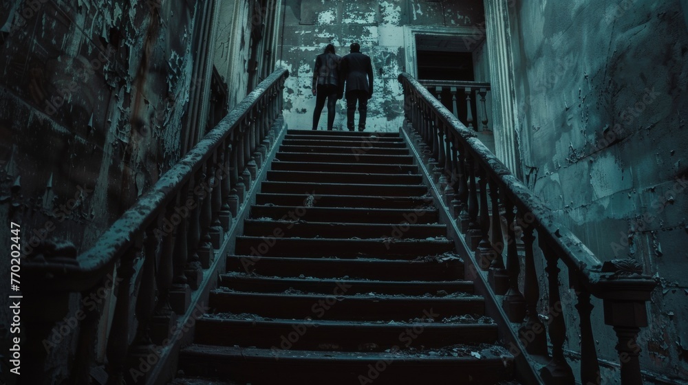 Two people faces hidden from view stand side by side on a decaying staircase. Despite the eerie surroundings body language . .