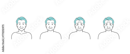 男性の顔の経年変化のアイコンイラストセット（老化・加齢・シワ・シミ）