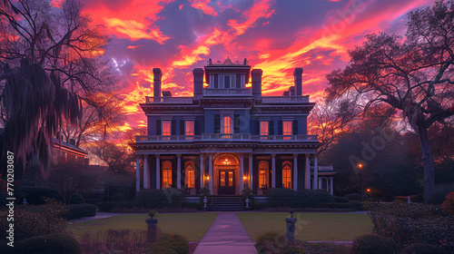 Southern plantation house - sundown - golden hour - antebellum south - plantation - manor  photo
