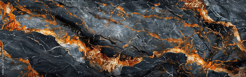 Black marble texture with flames, seamless pattern, in the style of seamless panorama. Created with Ai