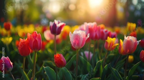 Colorful flowers tulips in the green beautiful park  Generative ai  