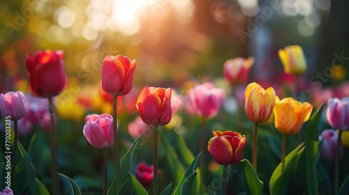 Colorful flowers tulips in the green beautiful park  Generative ai  