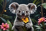 Illustration of a happy koala with a yellow flower