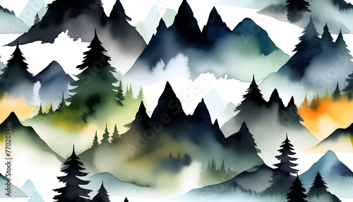 An abstract watercolor painting with black and green color mountains and trees on a white background