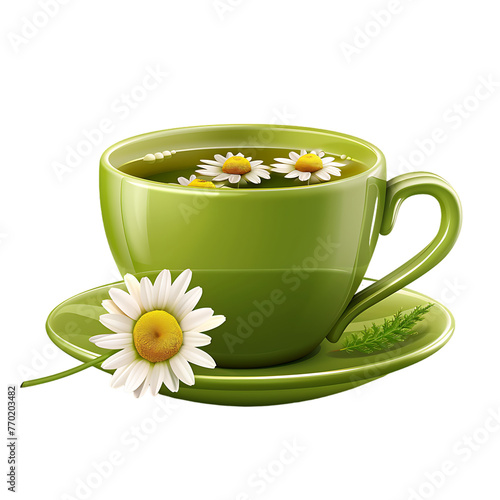 Green tea cup with chamomile isolated on white photo-realistic vector illustration