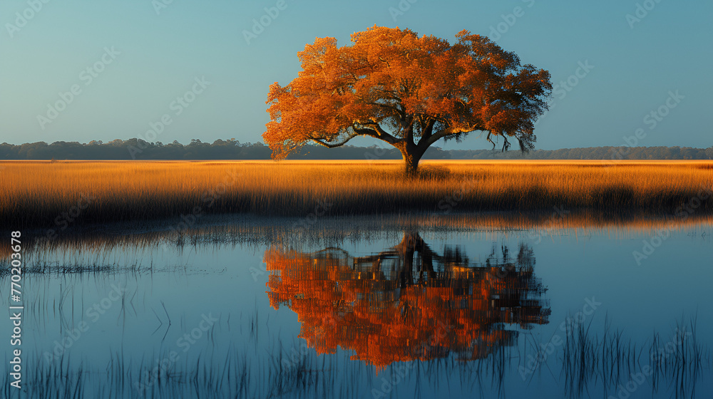 Fototapeta premium Coastal marsh - mature tree - mysterious - elegant - unique - dramatic - inspired by the scenery of Charleston, South Carolina 