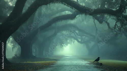 Coastal backroad - mature trees - black and white photo - mysterious - elegant - unique - dramatic - inspired by the scenery of Charleston, South Carolina  photo