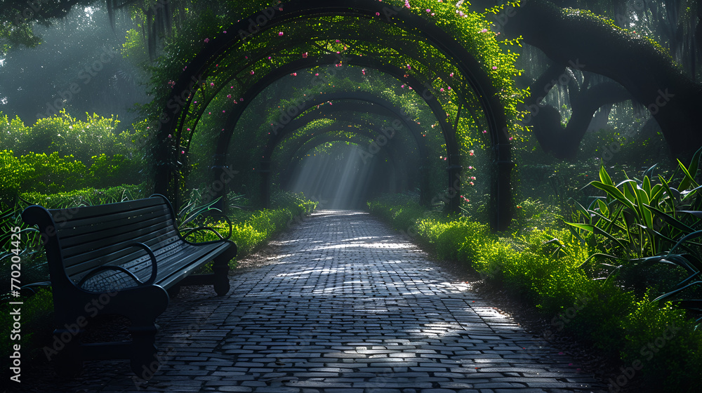 Fototapeta premium Walkway - Botanical gardens - arbor - stone path - inspired by the scenery of Charleston South Carolina 