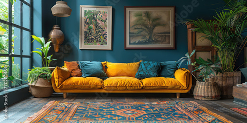 Yellow sofa in a living room with blue walls, posters, center carpet and window. Created with Ai