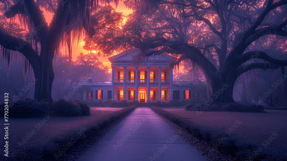 Obraz premium Southern plantation house - golden hour - sunset - inspired by the scenery of Charleston, South Carolina, mansion, estate