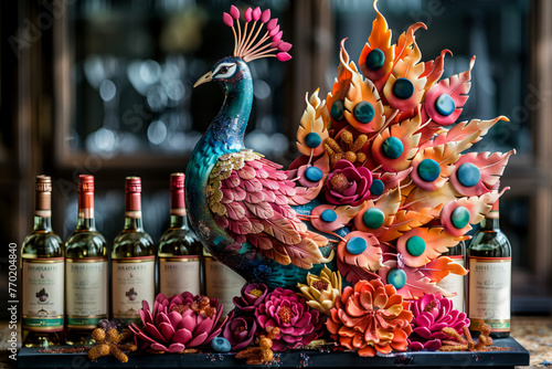 an opulent wedding anniversary cake shaped like a magnificent peacock, with cascading layers of feather-shaped fondant in brilliant hues, complemented by bottles of fine wine arranged around its base