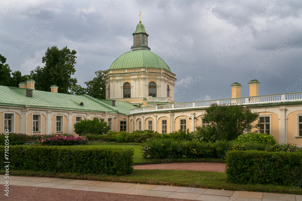 View of the side West Pavilion (Church Pavilion) of the Great (Menshikov) Palace in the Oranienbaum Palace and Park Ensemble on a sunny summer day, Lomonosov, Saint Petersburg, Russia