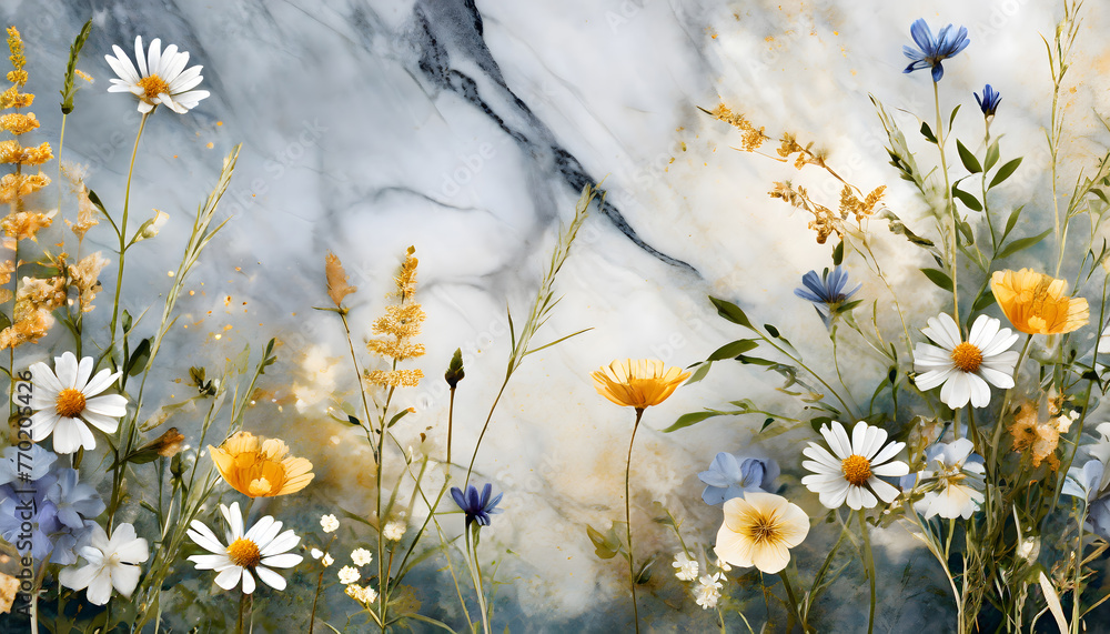Summer Wildflower Marble Meadow background marble. Generative AI. - obrazy, fototapety, plakaty 