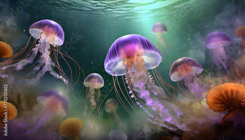 Surreal Jellyfish Aquarium background. Generative AI.