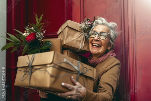 Older Woman Holding a Bunch of Presents