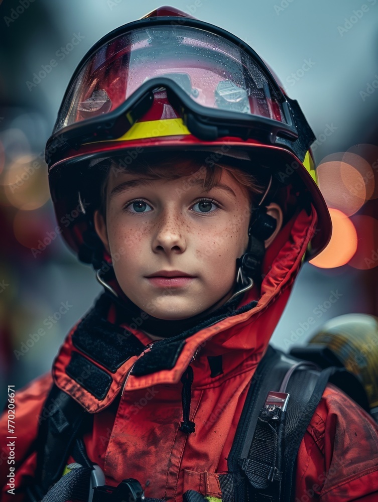 Young Boy Wearing Firemans Helmet and Goggles Young Boy Wearing Firemans Helmet and Goggles