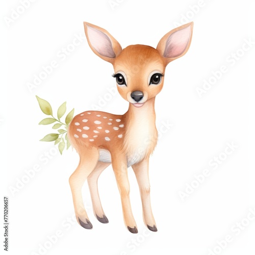 A cute cozy Fawn (baby deer) clipart , woodland theme, watercolor clipart, Perfect for nursery, isolated on white background