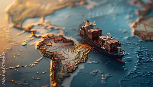 Model of container ship on global map symbolizes transcontinental transport and globalization, conveying vast connectivity photo