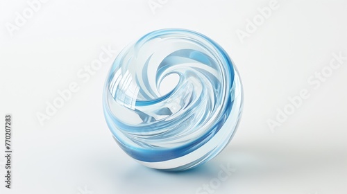 3D illustration of white glass ball with blue swirls isolated on white background.