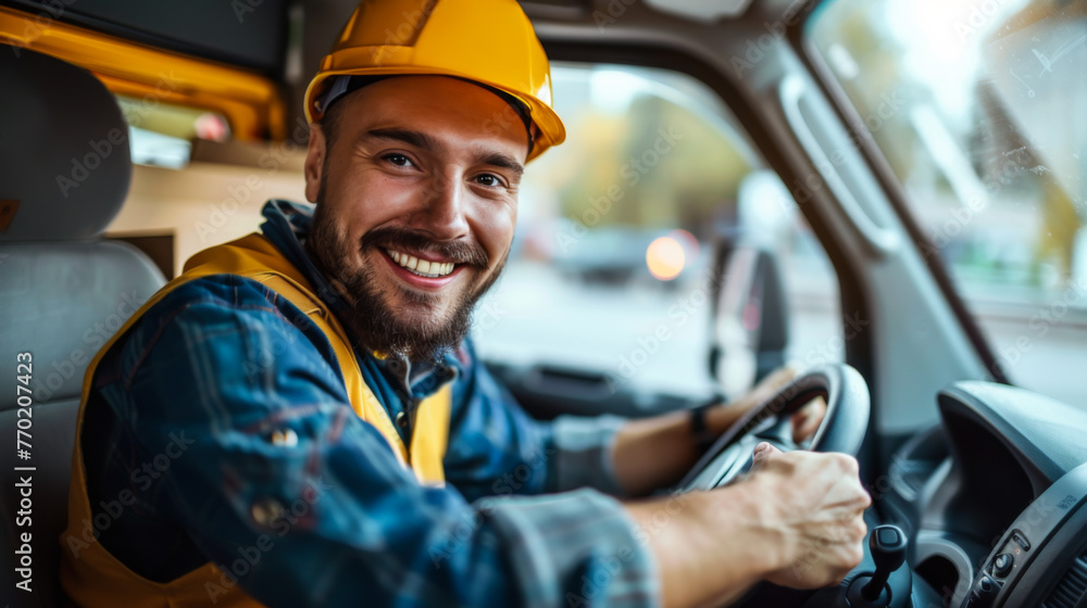 Smiling driver with uniform driving car in the shape of box parcel, delivery concept Smiling driver with uniform driving car in the shape of box parcel, delivery concept