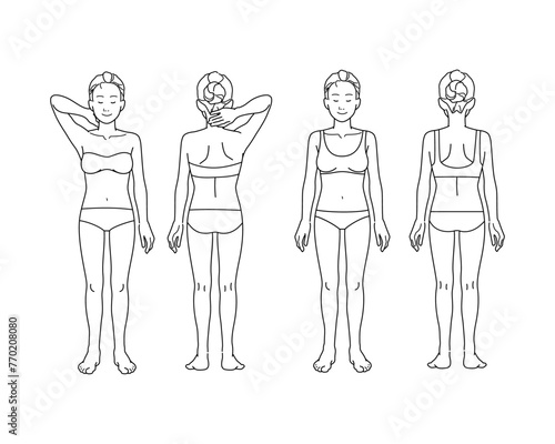 腕を上げて脇をみせるポーズと立ち姿勢の女性のイラストセット