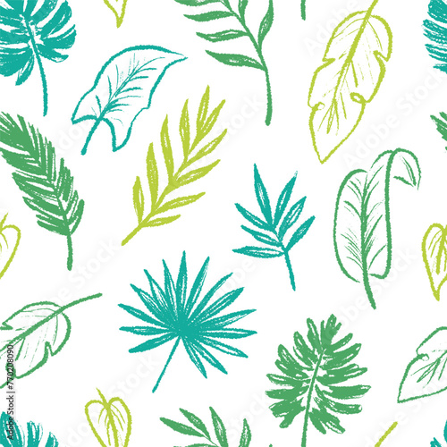 Tropical leaf seamless pattern background. Hand drawn crayon brush abstract green tropic leaves seamless pattern. Floral abstract hand drawn print background. Vector illustration