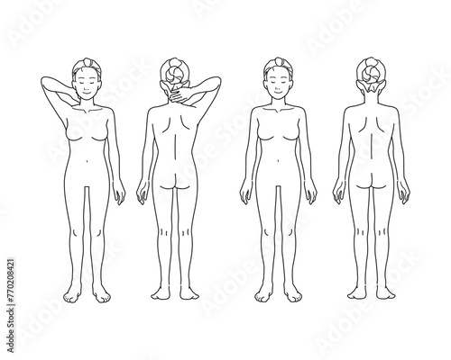 腕を上げて脇をみせるポーズと立ち姿勢の女性のイラストセット（裸・全身）