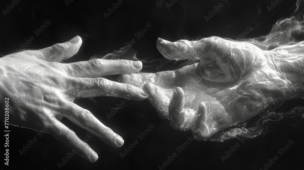 A black and white image of two hands reaching towards each other the fingertips meeting and sparking with a faint glow symbolizing a deep mental link between two individuals. A black and white image of two hands reaching towards each other the fingertips meeting and sparking with a faint glow symbolizing a deep mental link between two individuals.