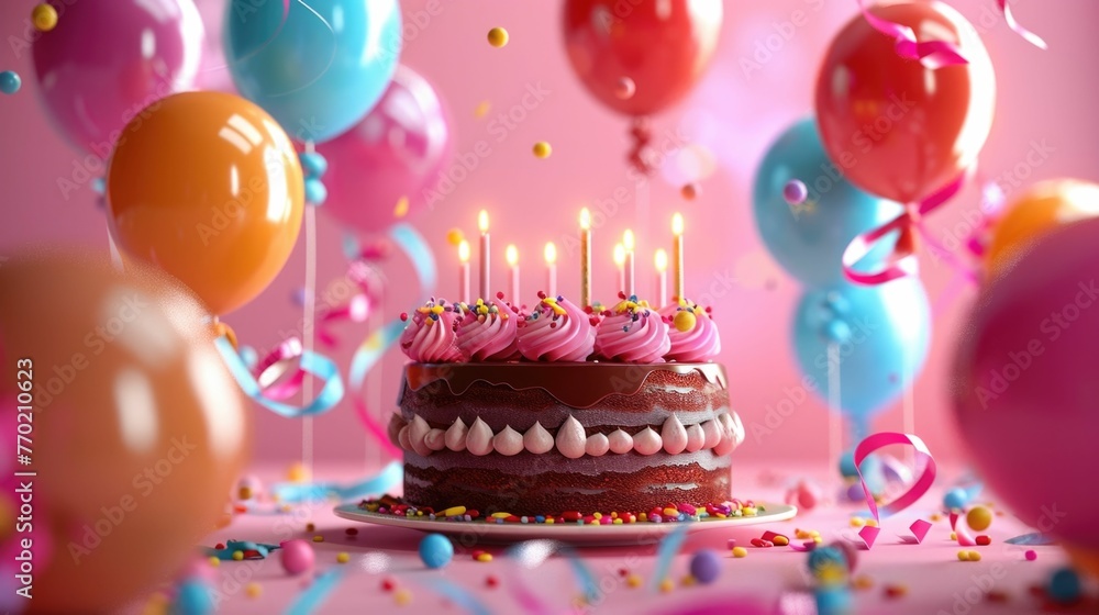 This visually captivating image depicts a delectable 3D birthday cake creation,featuring a rich chocolate ganache exterior and surrounded by a bouquet of vibrant helium balloons in an array of colors This visually captivating image depicts a delectable 3D birthday cake creation,featuring a rich chocolate ganache exterior and surrounded by a bouquet of vibrant helium balloons in an array of colors
