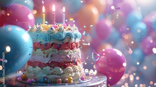 Fototapeta This 3D rendered image depicts a towering,elaborately decorated birthday cake The cake is covered in vibrant,swirling frosting in shades of pink,blue,and yellow Floating around the cake are an array
