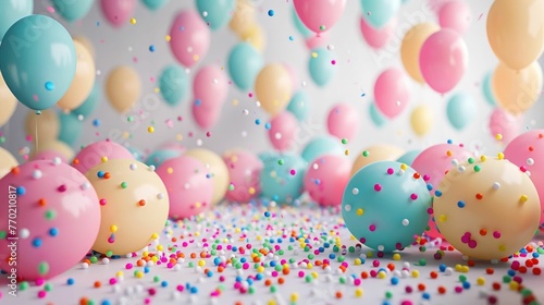 A vibrant and whimsical scene featuring a border of colorful 3D balloons surrounding an empty space,filled with a scattering of confetti in a variety of hues The balloons and confetti create