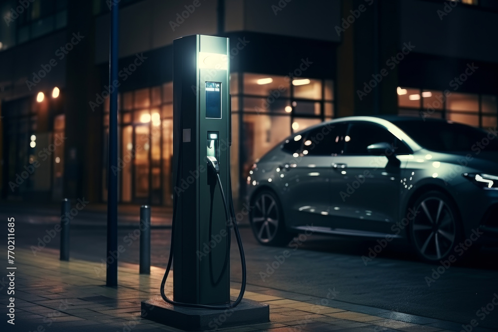 Evening electric car charging station in the blurred background, futuristic transportation concept