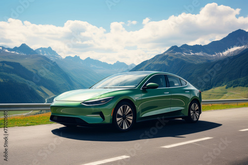 Modern green electric car driving on road against mountain landscape on sunny day