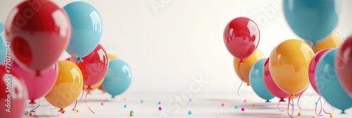 This digitally rendered image depicts a festive birthday scene with a circular arrangement of colorful balloons,creating a central blank space that can be used for personalized messages or design photo