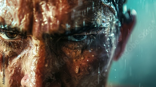 The sweatsoaked hair of a boxer sticks to his forehead as he stares down his competitor with fiery eyes. photo