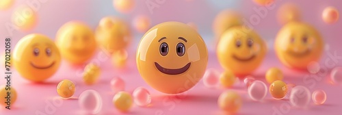 A captivating arrangement of joyful 3D smiley face emojis in various shades of yellow,creating a harmonious gradient of happiness against a soft pastel backdrop The vibrant emojis exude a sense of