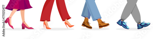 Set of different female and male legs wearing trendy shoes and boots colored vector flat illustration. Cartoon fashionable footwear collection. Modern stylish foot accessory. photo