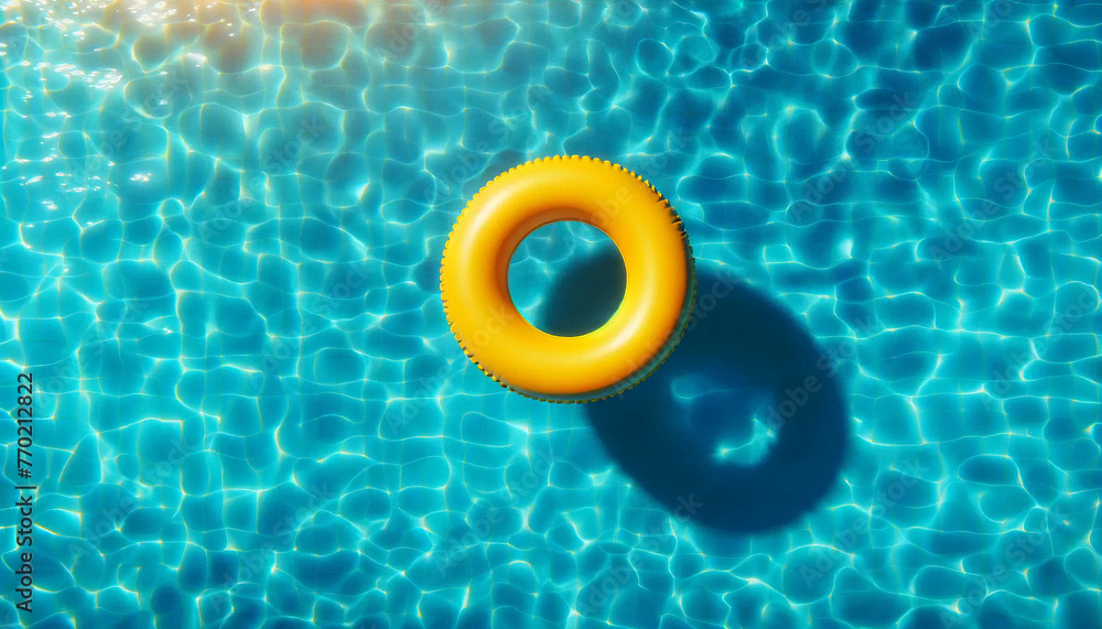An aerial, overhead top down view of a yellow swimming pool ring float ...