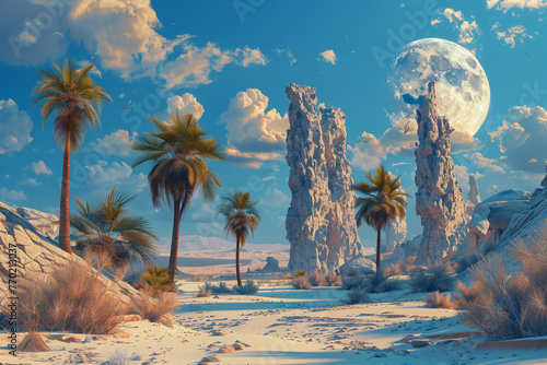 Produce an imaginative portrayal of a lush park oasis thriving amidst the desert sands photo
