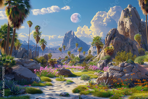 Produce an imaginative portrayal of a lush park oasis thriving amidst the desert sands, featuring distinctively shaped rocks and a mesmerizing full moon casting its gentle radiance photo