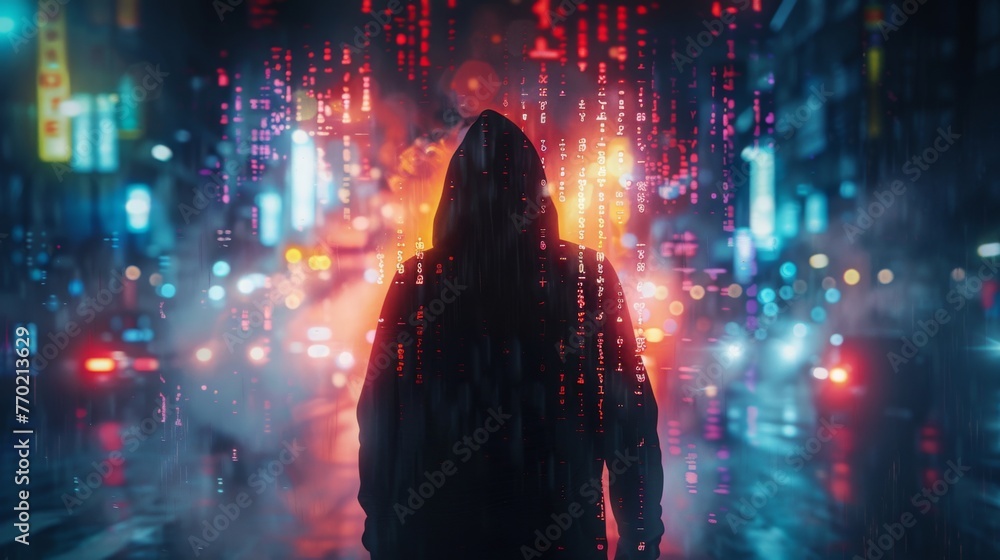 Double exposure, With a computer, a hacker is currently engaged in a cyber attack