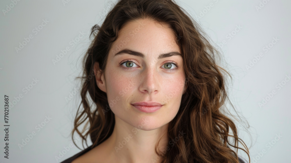 Fototapeta premium A woman with long brown hair and a smile on her face. She is wearing a gray shirt